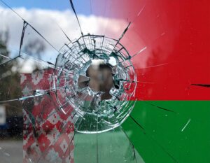 Smashed window and Belarusian flag colours (AI generated image created with Adobe Firefly)