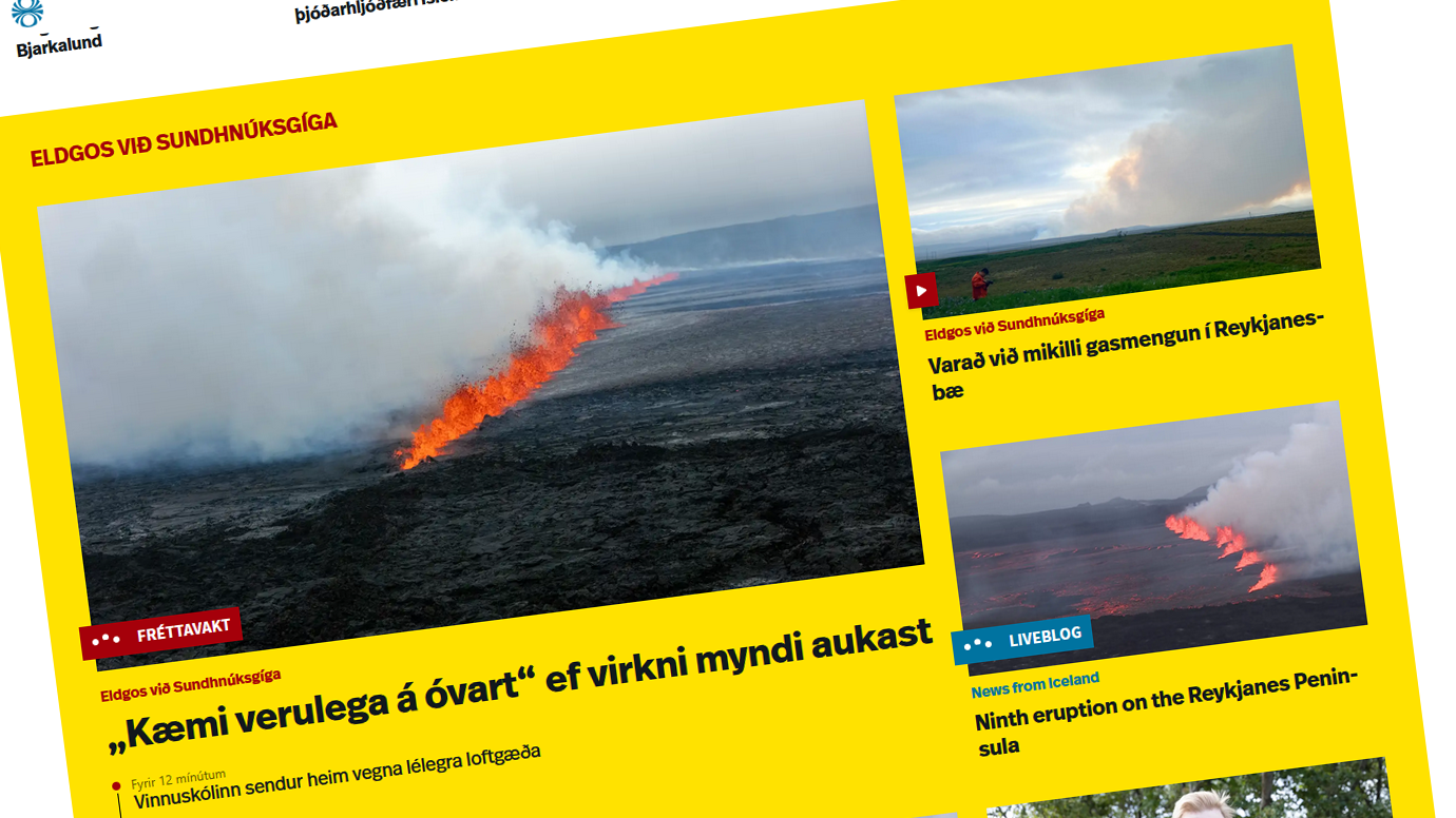 The 16 July 2025 eruption at the Reykjanesbaer peninsula is front page news in Iceland (Screenshot of Ruv.is)