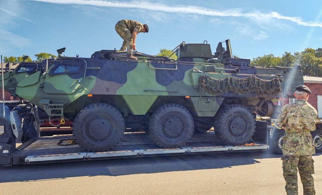 First Patria 6x6 armoured personnel carrier for the Danish Army arrives on Bornholm, 1 September 2025 (Photo: Bornholms Regiment/Forsvaret)